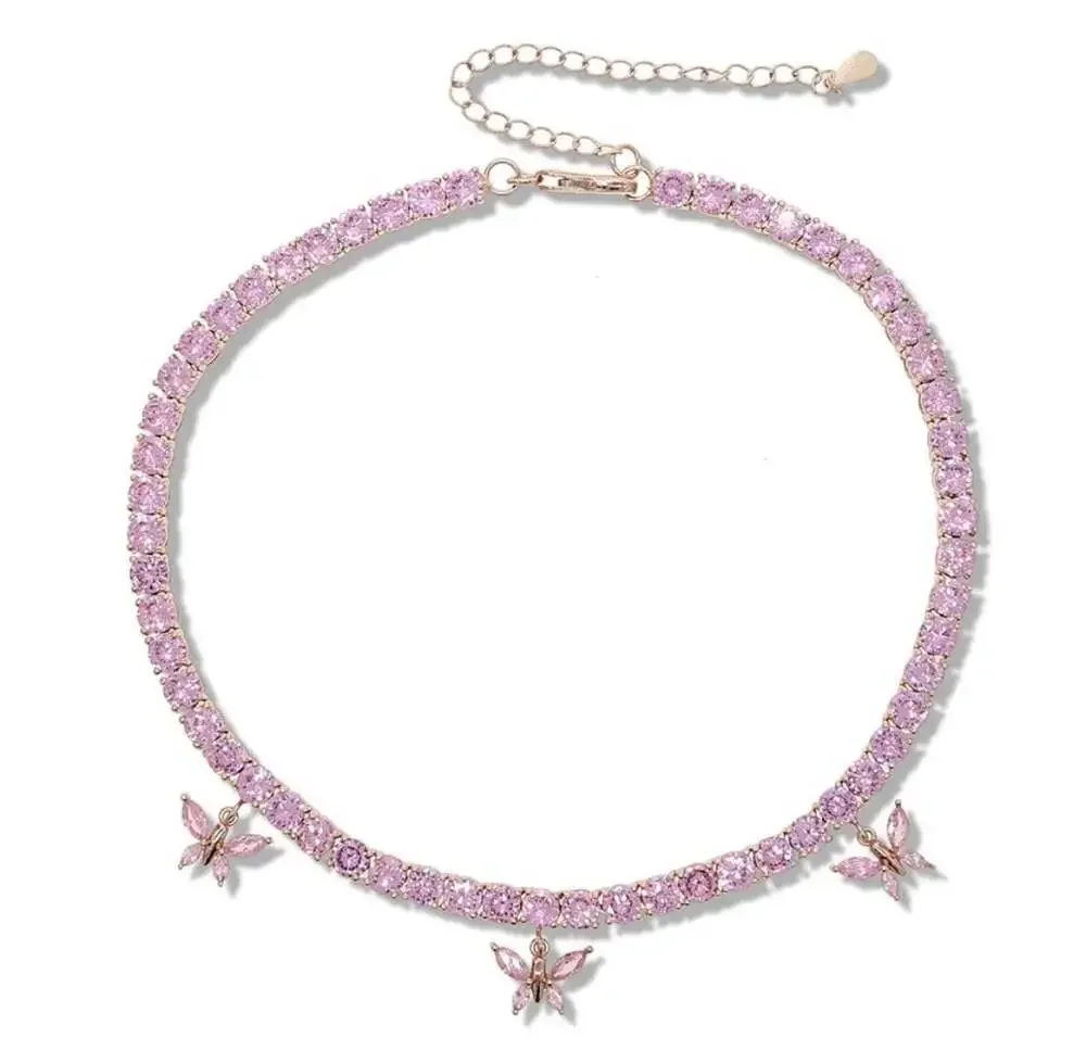 Pink butterfly tennis necklace